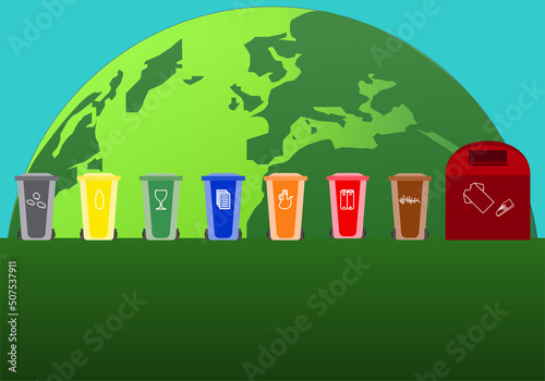 Contenedores de reciclaje, gris, amarillo, verde, azul, naranja, rojo, marrón y de ropa y calzado, de basura, plástico, vidrio, papel, aceite, orgánico, residuos peligrosos y de ropa y calzado