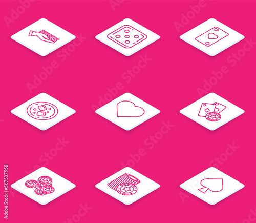 Set line Hand holding deck of playing cards, Game dice, Playing with heart symbol, Glass whiskey cubes, Casino chip, chips and icon. Vector