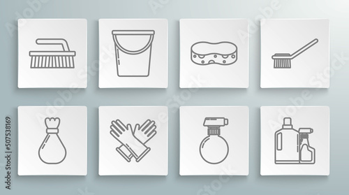 Set line Garbage bag, Bucket, Rubber gloves, Plastic bottles for liquid dishwashing liquid, Sponge, Toilet brush and Brush cleaning icon. Vector