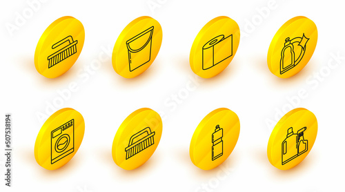 Set line Plastic bottles for liquid dishwashing liquid, Brush cleaning, Washer, Toilet paper roll, Bucket and icon. Vector