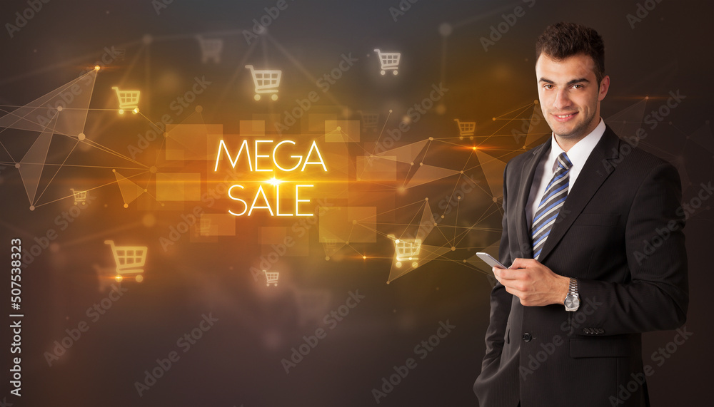 Businessman thinking about shopping concept Businessman thinking about shopping concept