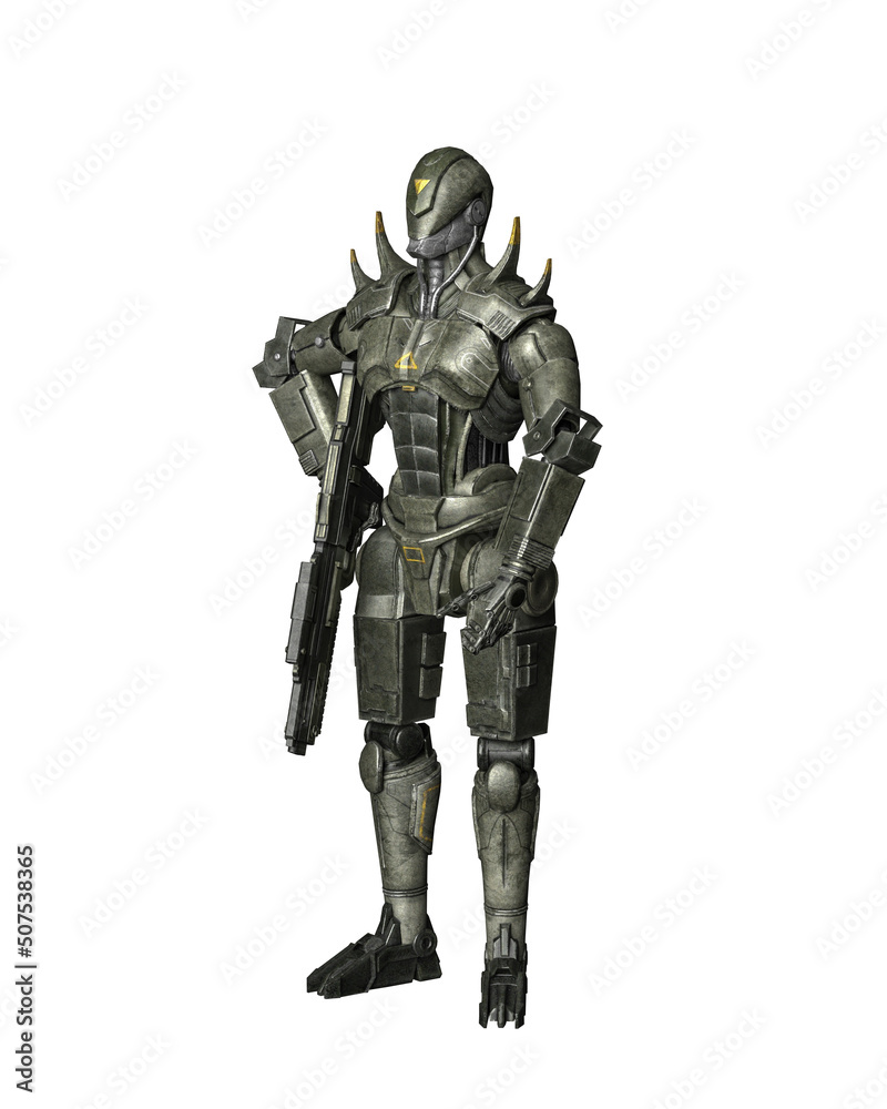 Futuristic robot soldier standing guard with a gun. 3D rendering isolated on white with clipping path. Futuristic robot soldier standing guard with a gun. 3D rendering isolated on white with clipping path.