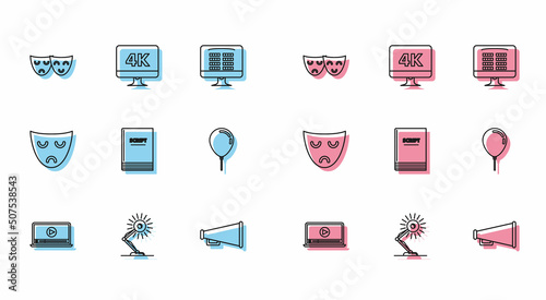Set line Online play video, Table lamp, Comedy and tragedy theatrical masks, Megaphone, Scenario, Balloon with ribbon, Drama and Computer PC monitor 4k technology icon. Vector