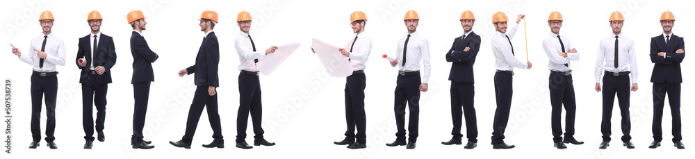 panoramic photo collage of confident architect isolated on white panoramic photo collage of confident architect isolated on white