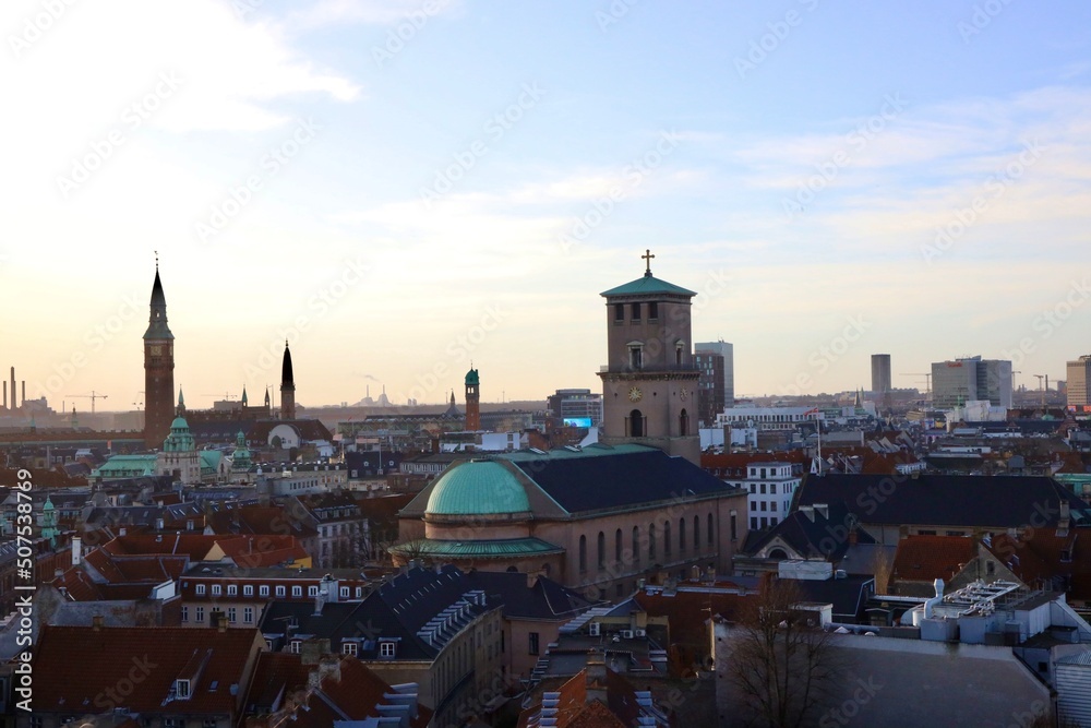 skyline of the city with domes in Copenhagen Denmark