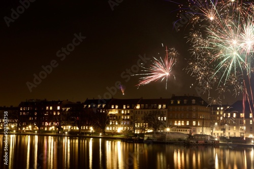 fireworks over the river in Copenhagen Denmark 