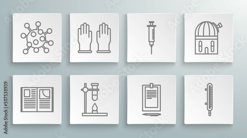 Set line Open book, Rubber gloves, Glass test tube flask on fire heater, Clipboard with document, Meteorology thermometer measuring, Syringe, Astronomical observatory and Bacteria icon. Vector