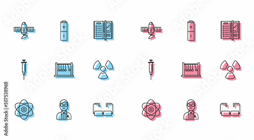 Set line Atom, Scientist, Satellite, Glasses, Pendulum, Radioactive, Syringe and Battery icon. Vector