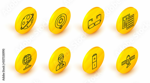 Set line Satellite, Battery, Scientist, Earth globe, Pills in blister pack, Glasses, Solar system and Planet icon. Vector
