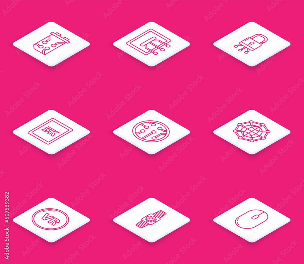 Set line Video graphic card, Tablet, Lock on digital circuit board, with text 5k, Processor, Global technology social network, Virtual reality and Smartwatch icon. Vector Set line Video graphic card, Tablet, Lock on digital circuit board, with text 5k, Processor, Global technology social network, Virtual reality and Smartwatch icon. Vector