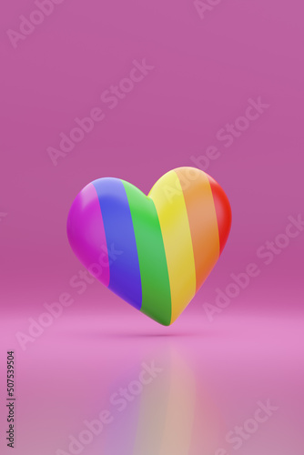 Heart with the colors of the rainbow flag on pink background. 3d illustration.