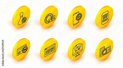 Set line Casino chips and stacks money cash, Online poker table game, slot machine with lucky sevens jackpot, Credit card, Slot, and Money bag casino icon. Vector