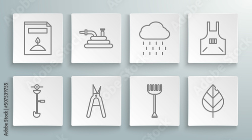 Set line Grass and weed electric string trimmer, Gardening handmade scissors, rake, Leaf, Cloud with rain, Kitchen apron and A pack full of seeds of specific plant icon. Vector
