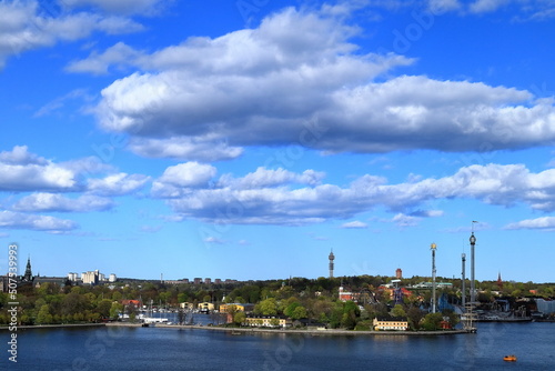 City landscape view over the Swedish capital Stockholm. One central part of Sweden. Spring 2022.