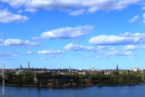 City landscape view over the Swedish capital Stockholm. One central part of Sweden. Spring 2022.