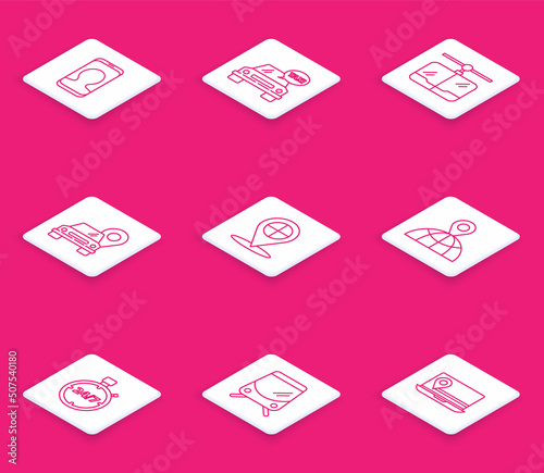 Set line Taxi call telephone service, car, Cable, Map pointer with taxi, Location the globe, Stopwatch 24 hours and Tram and railway icon. Vector