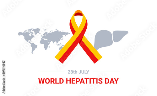 World hepatitis day poster, liver icon isolated on white background and map. Vector illustration. Hepatic awareness ribbon. Medical flyer, brochure or card