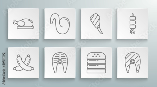 Set line Crossed sausage, Fried chicken wing, Fish steak, Burger, Rib eye, Grilled shish kebab on skewer stick and Roasted turkey or icon. Vector