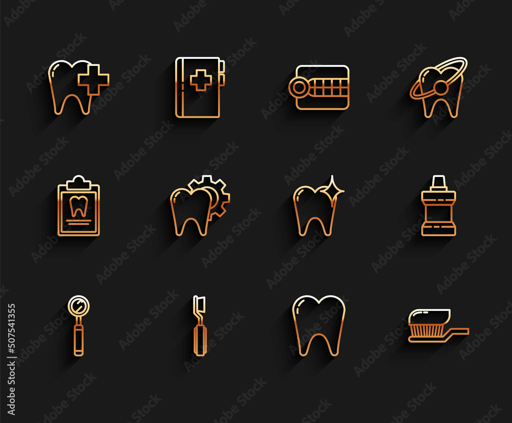 Set line Dental inspection mirror, Toothbrush, clinic for dental care tooth, with toothpaste, treatment procedure, Mouthwash plastic bottle and whitening concept icon. Vector Set line Dental inspection mirror, Toothbrush, clinic for dental care tooth, with toothpaste, treatment procedure, Mouthwash plastic bottle and whitening concept icon. Vector