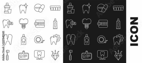 Set line Diamond teeth, Tooth treatment procedure, Tube of toothpaste, Medicine pill or tablet, Dental implant, Calcium for, Mouthwash plastic bottle and Dentures model icon. Vector