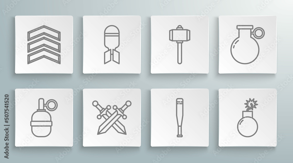 Set line Hand grenade, Aviation bomb, Crossed medieval sword, Baseball bat, Bomb ready to explode, Battle hammer, and Military rank icon. Vector Set line Hand grenade, Aviation bomb, Crossed medieval sword, Baseball bat, Bomb ready to explode, Battle hammer, and Military rank icon. Vector