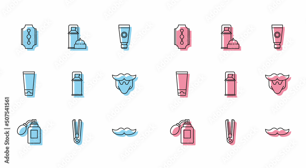 Set line Aftershave bottle with atomizer, Curling iron for hair, Blade razor, Mustache, Shaving gel foam, and beard, Cream lotion cosmetic tube and icon. Vector Set line Aftershave bottle with atomizer, Curling iron for hair, Blade razor, Mustache, Shaving gel foam, and beard, Cream lotion cosmetic tube and icon. Vector
