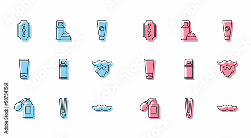 Set line Aftershave bottle with atomizer, Curling iron for hair, Blade razor, Mustache, Shaving gel foam, and beard, Cream lotion cosmetic tube and icon. Vector