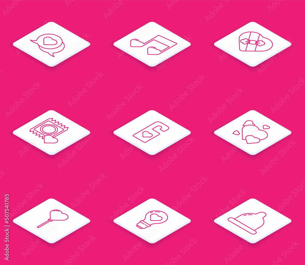 Set line Heart in speech bubble, Music note, tone with hearts, Candy shaped box, Condom package, Please disturb, Balloons form of and light bulb icon. Vector Set line Heart in speech bubble, Music note, tone with hearts, Candy shaped box, Condom package, Please disturb, Balloons form of and light bulb icon. Vector