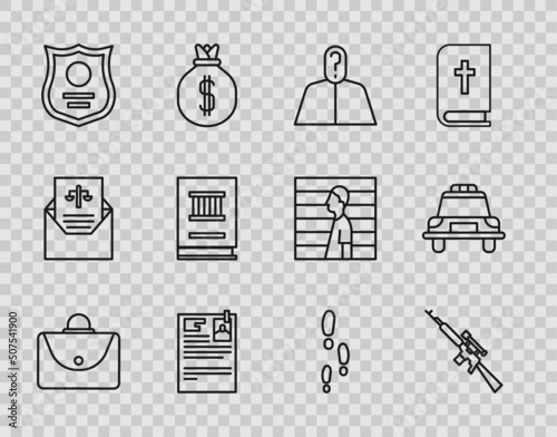 Set line Briefcase, Sniper rifle with scope, Anonymous question mark, Lawsuit paper, Police badge, book, Footsteps and car and flasher icon. Vector