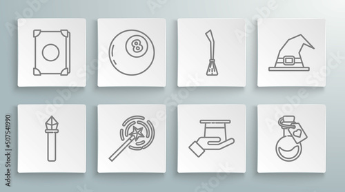 Set line Magic staff, ball of predictions, wand, Magician hat in hand, Bottle with love potion, Witches broom, and Ancient magic book icon. Vector