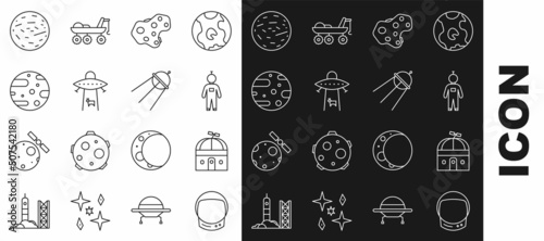 Set line Astronaut helmet, Astronomical observatory, Asteroid, Planet, Satellite dish, Mars and icon. Vector