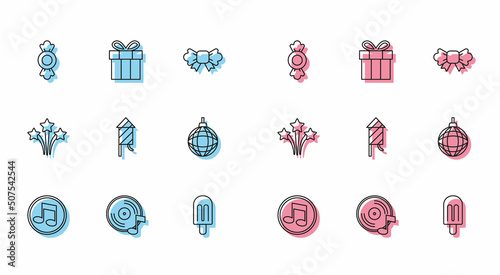 Set line Music note, tone, Vinyl disk, Candy, Ice cream, Firework rocket, Disco ball, and Gift box icon. Vector