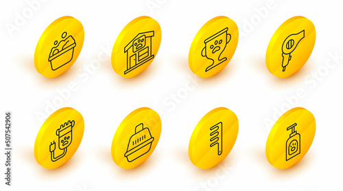Set line Pet shampoo, Hair brush for dog and cat, carry case, clipper pet, dryer, award, grooming and Pets bath icon. Vector