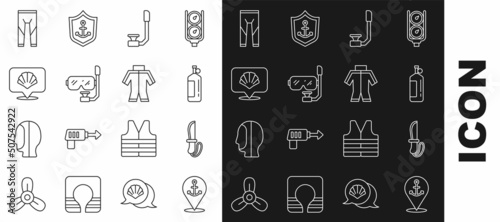 Set line Location with anchor, Knife, Aqualung, Snorkel, Diving mask and snorkel, Scallop sea shell, Wetsuit and icon. Vector