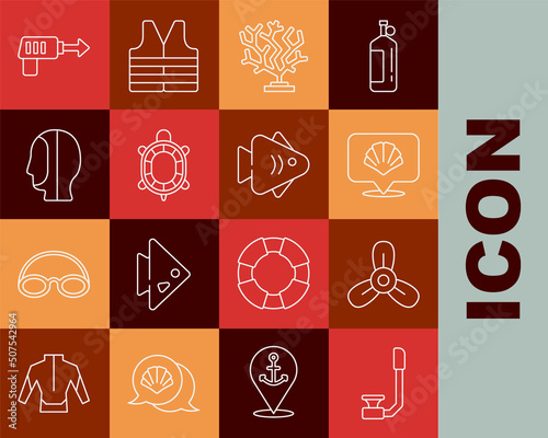 Set line Snorkel, Boat propeller, turbine, Scallop sea shell, Coral, Turtle, Diving hood, Fishing harpoon and icon. Vector