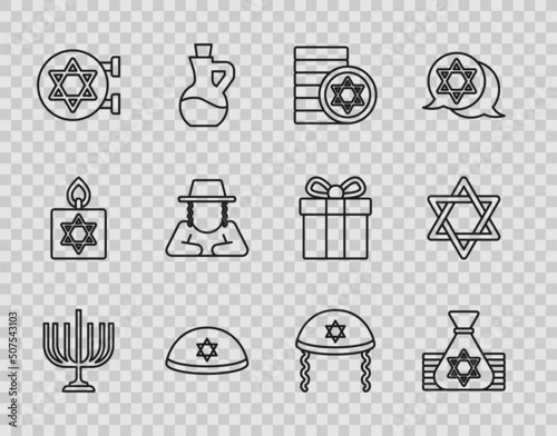 Set line Hanukkah menorah, Jewish money bag, coin, kippah, synagogue, Orthodox jewish hat, and Star of David icon. Vector