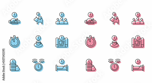 Set line Waste of time, Clock, Food, Time to sleep, Coffee, Project plan, Stopwatch and Piggy bank with coin icon. Vector