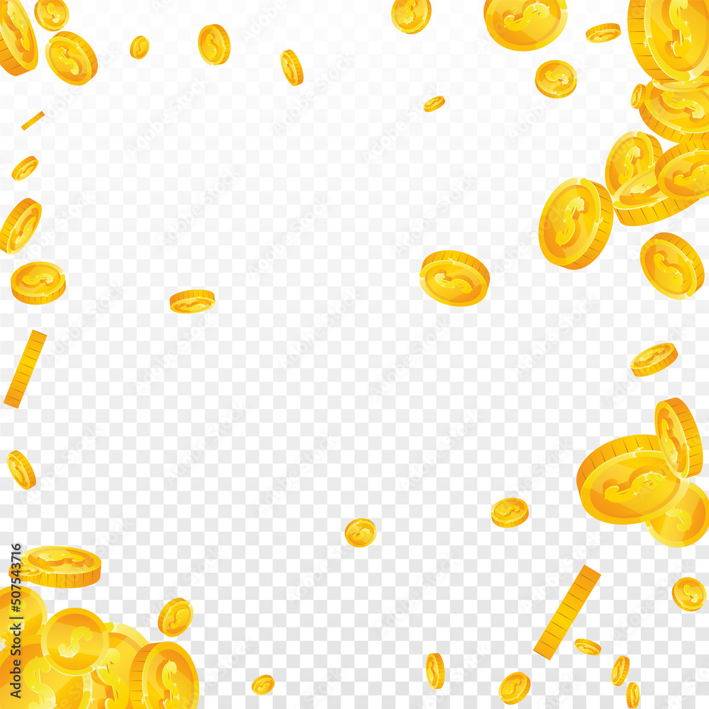 American dollar coins falling. Extraordinary scattered USD coins. USA money. Positive jackpot, wealth or success concept. Vector illustration.