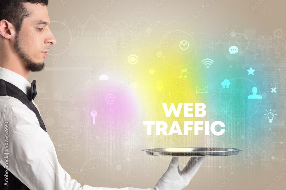 Waiter serving social networking concept Waiter serving social networking concept
