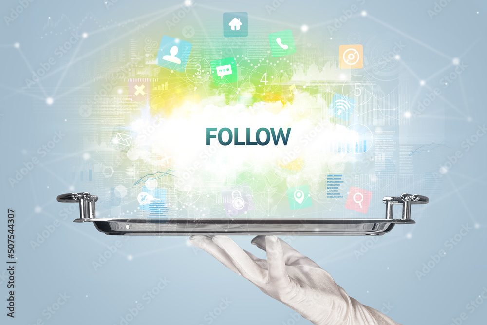 Waiter serving social networking concept Waiter serving social networking concept