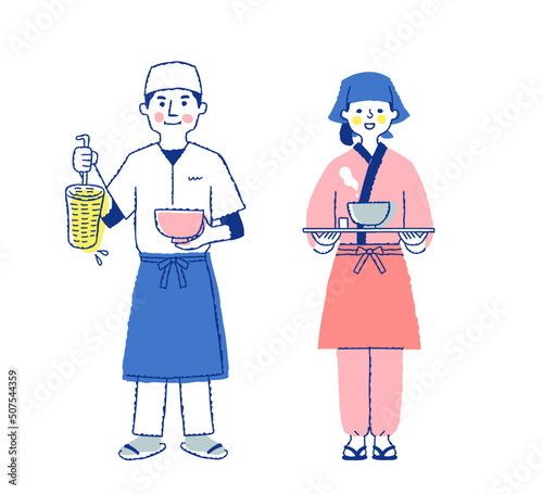 蕎麦屋うどん屋の店員　男女
