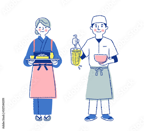 蕎麦屋うどん屋の店員　男女