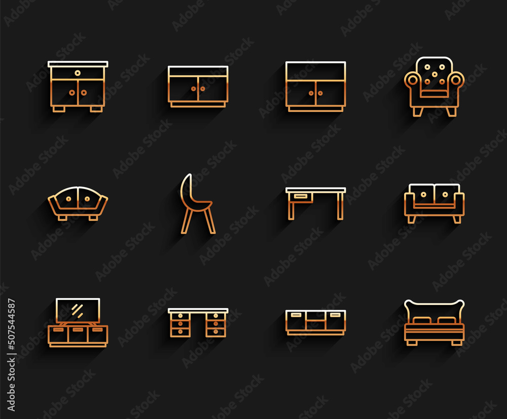 Set line TV table stand, Office desk, Furniture nightstand, Big bed, Armchair, Sofa and icon. Vector Set line TV table stand, Office desk, Furniture nightstand, Big bed, Armchair, Sofa and icon. Vector