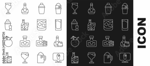 Set line Alcohol or beer bar location, Whiskey bottle and glass, Shot, Cocktail shaker, Beer, Wine and Glass of whiskey icon. Vector