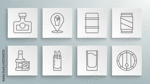 Set line Whiskey bottle and glass, Alcohol or beer bar location, Cocktail Bloody Mary, Shot, Wooden barrel, Metal keg, Beer can and drink Rum icon. Vector