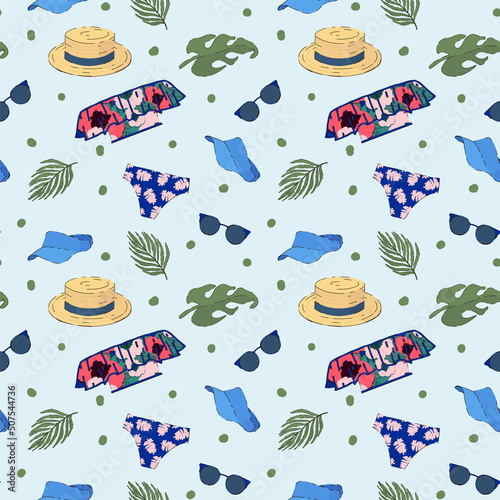 The doodle pattern is colorful summer. Background with palm leaves swimwear, bottom, bustier, bikini, hat, sunglasses. Doodle symbols of summer, sun, beach for textiles. Vector illustration