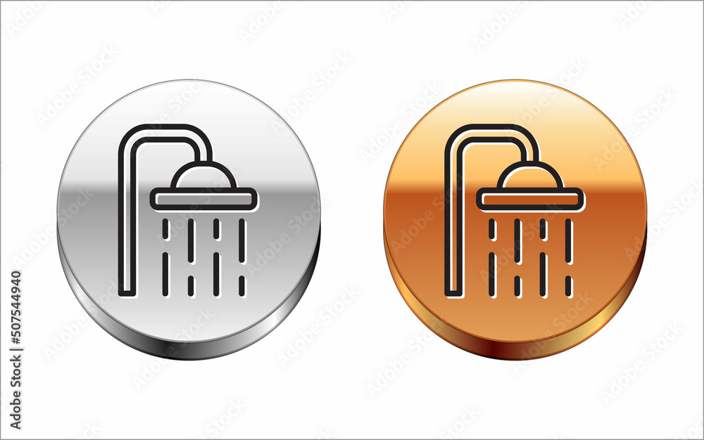Black line Shower head with water drops flowing icon isolated on white background. Silver-gold circle button. Vector Black line Shower head with water drops flowing icon isolated on white background. Silver-gold circle button. Vector