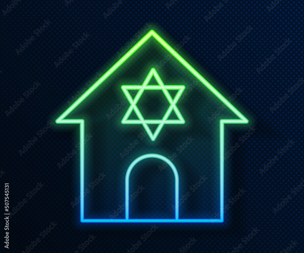 Glowing neon line Jewish synagogue building or jewish temple icon isolated on blue background. Hebrew or judaism construction with David star. Vector