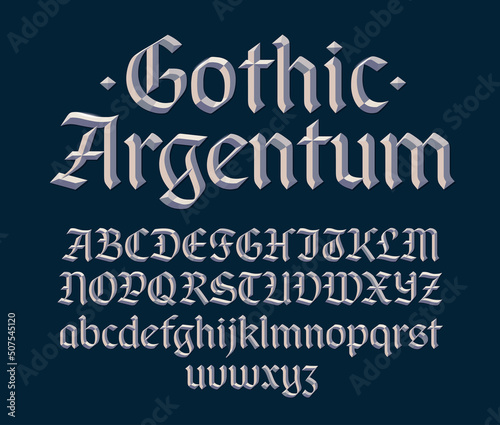 Gothic beveled font,decorative silver metallic 3d blackletter typeface. Uppercase and lowercase. Vector illustration.  photo