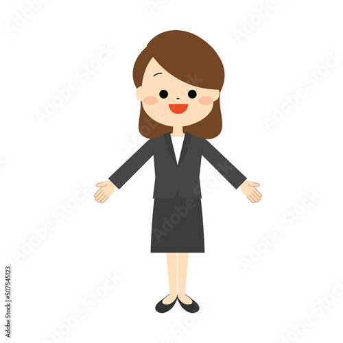 両手を広げているスーツを着た女性